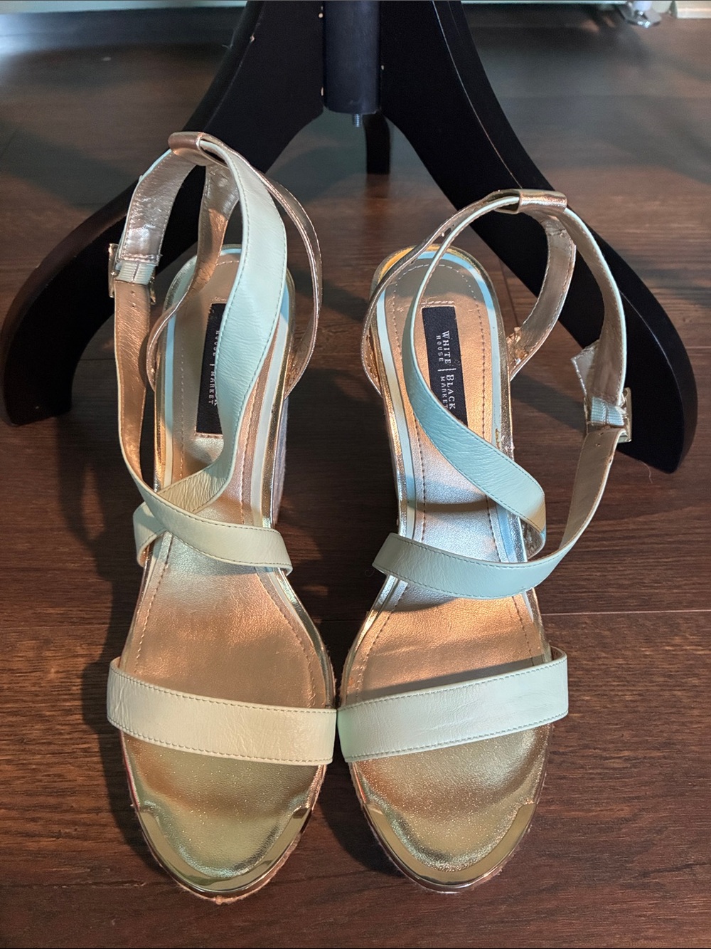 White House Black Market Gold and Mint Green Strappy Heeled Sandals